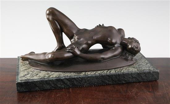 20th Century School: A bronze erotic study of a nude reclining female figure, on marble base (base a.f.), bearing monogram.